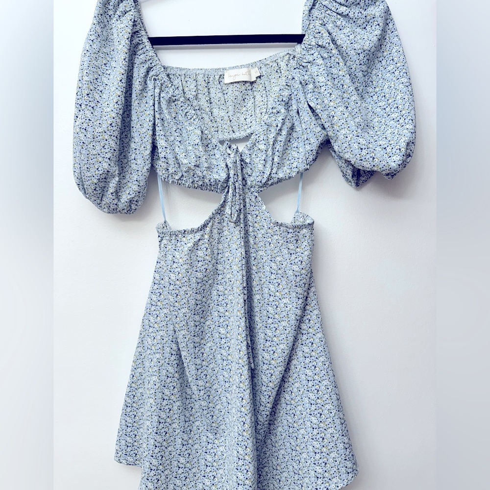 Beige Botany - Floral Blue Puff Sleeve Dress
